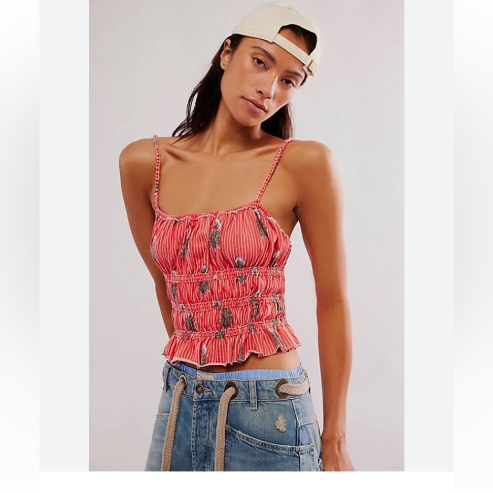 NWT Free People We The Free Dolce Vita Tank Red Floral‎ Rouched Top Size XL